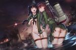  absurdres aircraft airplane ass bad_id bad_pixiv_id black_hair blush breasts cameltoe highres hips kantai_collection kitakami_(kantai_collection) medium_breasts multiple_girls navel one_eye_closed ooi_(kantai_collection) panties purple_eyes red_eyes red_hair ship thigh_strap thighhighs torn_clothes underboob underwear wading water watercraft wet yykuaixian 