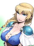  arm_guards blonde_hair blue_eyes braid breasts cleavage gradient gradient_background highres large_breasts long_hair looking_at_viewer misonou_hirokichi nipples open_mouth shoulder_pads solo sophitia_alexandra soulcalibur upper_body 