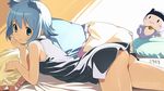  animal_ears ass bare_shoulders blue_eyes blue_hair blush cat_ears chin_rest curtains dress end_card frills from_side koutaro light_smile looking_at_viewer looking_to_the_side lying nanami_ao no_panties on_bed on_stomach pillow shirt short_hair sleeveless sleeveless_shirt smile solo stuffed_toy yozakura_quartet 