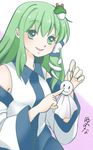  frog_hair_ornament green_eyes green_hair hair_ornament highres holding kochiya_sanae long_hair open_mouth pointing signature simple_background sketch smile snake_hair_ornament solid_oval_eyes solo teruterubouzu touhou yuzuna99 