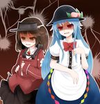  arano_oki blue_hair brown_eyes brown_hair commentary cover dress_shirt empty_eyes food fruit hinanawi_tenshi kantai_collection long_hair magazine_cover multiple_girls peach red_eyes ryuujou_(kantai_collection) shirt skirt touhou twintails visor_cap 