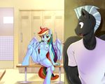  anthro anthrofied being_watched blue_fur blush breasts clothing duo equine female fingering freedomthai friendship_is_magic fur hair inside locker_room lockers long_hair male mammal masturbation multi-colored_hair my_little_pony navel nipples nude open_mouth pegasus pussy rainbow_dash_(mlp) rainbow_hair thunderlane_(mlp) wings 