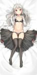 artist_name bed_sheet black_bra black_legwear black_panties blush bow bow_bra bra breasts breasts_apart collarbone dakimakura eyebrows_visible_through_hair gluteal_fold hair_between_eyes head_tilt highres lace lace-trimmed_bra lace-trimmed_panties long_hair long_sleeves looking_at_viewer lying navel on_back open_clothes open_shirt panties parted_lips pink_eyes shirt side-tie_panties signature silver_hair small_breasts solo sophie_twilight thighhighs tonari_no_kyuuketsuki-san underwear white_shirt youthpaint 