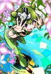  double_bun enouchi_ai fang flower green_hair long_hair midriff morizono_wakana pretty_(series) pretty_rhythm pretty_rhythm_rainbow_live purple_eyes smile 