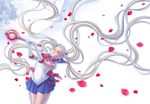  back_bow bishoujo_senshi_sailor_moon blonde_hair blue_sailor_collar blue_skirt bow brooch closed_eyes cutie_moon_rod double_bun eclosion elbow_gloves gloves hair_ornament hairpin highres holding holding_wand jewelry long_hair petals pleated_skirt red_bow ribbon sailor_collar sailor_moon sailor_senshi_uniform skirt solo tsukino_usagi twintails very_long_hair wand white_gloves 