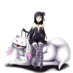  akemi_homura akuma_homura argyle argyle_legwear ball_gag bare_shoulders black_gloves black_hair bow chain choker collar dress elbow_gloves gag gagged gloves grin hair_bow highres kyubey long_hair mahou_shoujo_madoka_magica mahou_shoujo_madoka_magica_movie personification purple_eyes sitting smile thighhighs very_long_hair zanpan526 zettai_ryouiki 