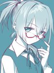  bespectacled blew_andwhite glasses gloves hair_ornament kantai_collection looking_at_viewer neck_ribbon ponytail red-framed_eyewear ribbon school_uniform shiranui_(kantai_collection) short_hair short_sleeves simple_background solo spot_color upper_body vest 