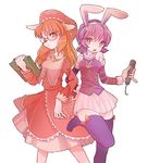  animal_ears book bunny_ears cheadle_yorkshire dog_ears dog_girl furry glasses hairband hat hunter_x_hunter hyou long_hair microphone multiple_girls orange_hair piyon_(hunter_x_hunter) purple_hair white_hairband 