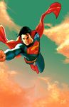  1boy alien black_hair bodysuit boots cape cloud dc_comics flying kal-el kryptonian male male_focus red_cape red_shoes s_shield sky solo superman superman_(series) 