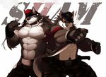  abs antro belt biceps big_muscles camo_print canine clothing collar dental_floss drks duo eyewear fingerless_gloves gloves goggles grin hat knife looking_at_viewer male mammal muscles pants pecs plain_background scar spikes text uniform white_background wolf 