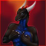  black_skin blue_eyes blue_skin breasts cabal-revolution claws coop dragon female hand_bra horn looking_at_viewer scalie shikoku-una smile solo standing teeth 