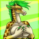  anthro breasts female fur giraffe green_eyes hand_bra holding_breasts looking_at_viewer mammal nude plain_background shikoku-una smile solo spots standing teeth yellow_fur 