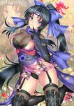  black_hair blue_eyes breasts cleavage earrings garter_straps jewelry large_breasts long_hair original ryuki@maguro-ex smile solo 