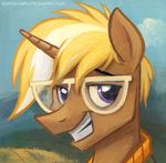  blonde_hair clothing cloud equine eyewear friendship_is_magic glasses hair horn male mammal my_little_pony outside portrair portrait purple_eyes sky smile solo sophiecabra tess_garman trenderhoof_(mlp) two_tone_hair unicorn 