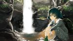  animated animated_gif backpack bag blue_eyes blue_hair boots grass hair_bobbles hair_ornament hat hat_removed headwear_removed kawashiro_nitori kitsune_(kazenouta) kneeling looking_at_viewer rock short_hair smile solo touhou twintails ugoira water waterfall 