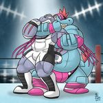  abs alligator anthro biceps boots bulge chubby clothing duo feraligatr fingerless_gloves gloves machoke male musclegut muscles nintendo open_mouth pecs pok&#233;mon pok&eacute;mon reptile scalie speedo standing sweat swimsuit takataka teeth tight_clothing topless video_games wrestling wrestling_singlet 