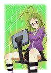  antenna_hair asu_no_yoichi brown_eyes chair feet_out_of_frame flipped_hair glasses green_hair ikaruga_chihaya kneehighs kuuya_(kohaku1988) long_hair looking_at_viewer office_chair short_hair_with_long_locks sidelocks sitting sitting_backwards skirt solo striped striped_legwear 