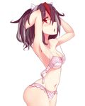  armpits arms_behind_back arms_behind_head ass black_hair bow bow_bra bra breasts cleavage hands_in_hair horns kijin_seija kuresento looking_at_viewer multicolored_hair navel open_bra panties pink_bra pink_panties red_eyes red_hair silver_hair simple_background small_breasts solo stomach streaked_hair touhou underwear underwear_only white_background 