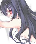  bed bed_sheet black_hair blush choujigen_game_neptune_mk2 long_hair lying minagi neptune_(series) nude on_bed on_stomach red_eyes solo uni_(choujigen_game_neptune) upper_body 