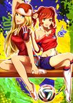  2girls ball blonde_hair blue_eyes brazuca breasts brown_eyes brown_hair cherry_in_the_sun cleavage hat highres korea large_breasts long_hair midriff multiple_girls off_shoulder original russia soccer_ball soccer_uniform sportswear world_cup 