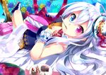  bad_id bad_pixiv_id breasts cake canon_(nyori) cleavage detached_collar flower food hat heterochromia long_hair looking_at_viewer lying medium_breasts nyori original rose solo spoon spoon_in_mouth white_hair wrist_cuffs 