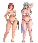  arm_up ass_visible_through_thighs barefoot bikini blush breasts brown_eyes brown_hair camera curvy eyepatch_bikini height_chart large_breasts long_hair looking_at_viewer multiple_girls navel older red_eyes rozen_maiden shiny shiny_skin short_hair side-tie_bikini silver_hair single-lens_reflex_camera smile souseiseki suigintou swimsuit thighs towel tsuda_nanafushi white_bikini wide_hips 