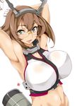  aoi_manabu armpits bespectacled blush breasts brown_hair glasses gloves green_eyes hairband headgear kantai_collection large_breasts midriff mutsu_(kantai_collection) navel open_mouth rimless_eyewear short_hair simple_background smile solo white_background white_gloves 