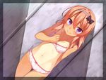  blush bow bow_bra bow_panties bra breasts fang fang_out hair_bow hairband heart heart_bra heart_panties heart_print highres izumi_(racer) long_hair looking_at_viewer navel one-piece_tan orange_hair original panties petite print_bra print_panties purple_eyes racer_(magnet) small_breasts solo tan tanline thigh_gap underwear underwear_only white_bra white_panties 