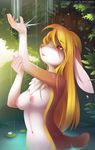  antiander areola blonde_hair blush breasts brown_fur chest_tuft claws female fur hair hi_res lagomorph long_hair looking_up mammal navel nipples nude open_mouth outside rabbit red_eyes solo standing tuft water wet white_fur yellow_fur 