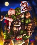  1boy 1girl armor ass axe bald boken_fantasy boots breasts brown_eyes cape carrying fangs fire hat long_hair looking_back monster moon muscle open_mouth orc original panties pantyshot pointy_ears red_eyes red_hair sharp_teeth skirt underwear upskirt weapon 