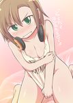  angry bad_id bad_pixiv_id bottomless breasts celebi_ryousangata check_translation cleavage green_eyes headphones idolmaster idolmaster_cinderella_girls medium_breasts naked_shirt shirt shirt_tug short_hair solo tada_riina translation_request 