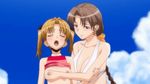  2girls age_difference animated animated_gif blonde_hair blush breast_grab breasts brown_hair grabbing incest large_breasts multiple_girls nipples small_breasts sweet_home swimsuit twintails yuri 