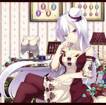  bad_id bad_pixiv_id bow breasts canon_(nyori) cleavage flower hat head_rest heterochromia jewelry large_breasts long_hair necklace nyori original sitting smile solo very_long_hair white_hair 
