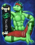  abs anthro bandanna clothing guana iguana lizard looking_at_viewer male muscles necklace reptile rick_griffin scalie shorts sitting skateboard solo stripes toned topless 