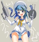  arai_harumaki blue_eyes blue_hair dress elbow_gloves gloves hat kantai_collection long_hair machinery open_mouth panties sleeves_rolled_up smile solo striped striped_panties underwear urakaze_(kantai_collection) white_dress white_gloves white_hat yellow_neckwear 