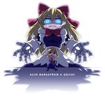  alice_margatroid blonde_hair blue_eyes book bow byourou capelet chibi doll dress gauntlets gloves glowing glowing_eyes goliath_doll hair_bow hairband long_hair open_mouth outstretched_arm red_eyes ribbon short_hair simple_background smile solo touhou weapon white_background 