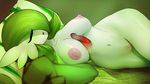  1girl big_breasts breasts eyes_closed female foreshortening furry gardevoir green_hair large_breasts mystical navel nintendo nipples no_humans nude pillow plantpenetrator pok&#233;mon pok&eacute;mon pokemon pussy short_hair sleeping solo uncensored video_games wide_hips 