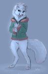  2018 anthro arctic_fox canine clothed clothing digital_media_(artwork) female fox fur green_eyes green_sclera grey_background hair mammal simple_background skeleion smile solo white_fur white_hair 