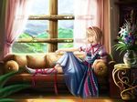  alice_margatroid bad_id bad_pixiv_id bird blonde_hair blue_dress blue_sky capelet closed_eyes cloud couch curtains day dress flower forest hairband leg_ribbon nature path puffy_short_sleeves puffy_sleeves ribbon road saber_01 sash shirt short_sleeves sitting sky solo table touhou vase window 