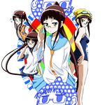  adjusting_clothes adjusting_swimsuit ass black_hair cosplay glasses goggles goggles_on_head green_eyes gym_uniform highres hoshino_ruri hoshino_ruri_(cosplay) kidou_senkan_nadesico miyamoto_ruri multiple_views namesake necktie nisekoi ponytail s-now school_swimsuit school_uniform skirt swim_cap swimsuit twintails 