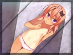  blush bow bow_panties breasts fang fang_out hair_bow hairband heart heart_panties heart_print highres izumi_(racer) long_hair looking_at_viewer navel nipples one-piece_tan orange_hair original panties petite print_panties purple_eyes racer_(magnet) small_breasts solo tan tanline thigh_gap topless underwear white_panties 