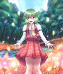  :d arm_belt ascot bad_id bad_pixiv_id blue_sky day field flower flower_field forest green_hair happy highres juliet_sleeves kazami_yuuka knees_together long_sleeves looking_at_viewer nature open_mouth petals plaid plaid_skirt plaid_vest puffy_sleeves red_eyes shirt short_hair skirt sky smile solo touhou tree vest wendell white_shirt 