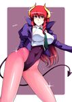  1girl breasts demon_tail female hiromin horns large_breasts long_hair looking_at_viewer mercedes_(viper) necktie pantyhose red_hair shiny solo tail viper viper_gts 