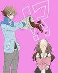  1boy 1girl brown_eyes brown_hair bucket chocolate jacket long_hair makoooko no_hat no_headwear pink_background pokemon pokemon_(game) pokemon_bw ribbon simple_background smile sweat touko_(pokemon) touya_(pokemon) valentine vest wrapped_up 