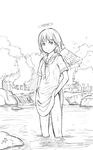  angel_wings dress forest greyscale haibane_renmei halo monochrome naotan nature rakka school_uniform serafuku short_hair skirt_hold solo wading water waterfall wet wings 