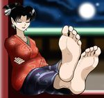  alternate_costume artist_request barefoot black_hair blurry blurry_background breasts closed_eyes crossed_arms earrings eyelashes eyeliner eyeshadow feet full_body full_moon inuyasha japanese_clothes jewelry kagura_(inuyasha) kimono makeup mascara medium_breasts moon night night_sky non-web_source pointy_ears pov_feet short_hair sitting sky soles solo star_(sky) starry_sky toes topknot 