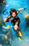  aspen_matthews brown_hair bubble fathom fingerless_gloves fish flippers freediving gloves highres knife non-web_source ocean ponytail realistic shark swimming underwater wetsuit 