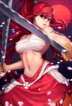  breasts cherry_blossoms dual_wielding earrings erza_scarlet fairy_tail female hakama japanese_clothes jewelry large_breasts long_hair lucidsky midriff petals ponytail ramen_(aquare9ia) ramen_(artist) red_hair sarashi solo sword tattoo weapon 