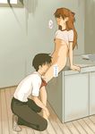  1girl blush breasts brown_hair buruma buruma_pull closed_eyes gym_uniform hetero ikari_shinji implied_cunnilingus long_hair long_legs navel neon_genesis_evangelion nipples nishi_tanuki panties panty_pull school_uniform shirt_lift short_hair small_breasts souryuu_asuka_langley squatting translation_request underwear white_panties 