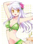  arms_up bare_shoulders bikini blitzen breasts cleavage collarbone eve_santaclaus flower frilled_bikini frills front-tie_top green_bikini hair_flower hair_ornament highres idolmaster idolmaster_cinderella_girls long_hair medium_breasts melonbooks navel paopao silver_hair smile solo swimsuit yellow_eyes 